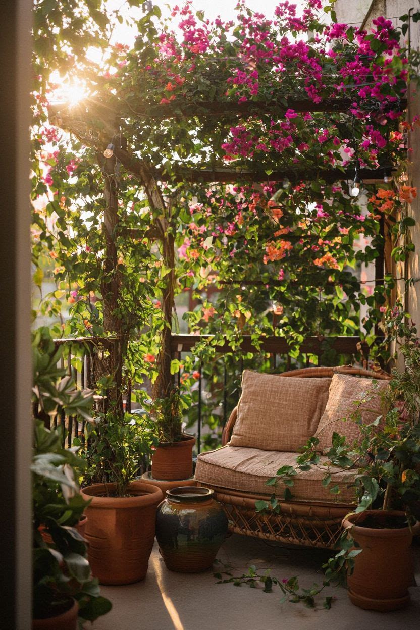 A lush balcony trellis covered with climbing plants alongside a cosy seating arrangement with cushioned chairs