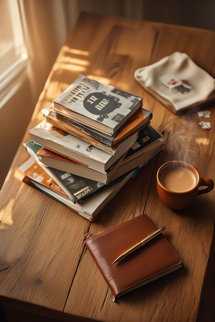 20 Best Books for Business Owners stacked on a wooden desk with a cup of chai