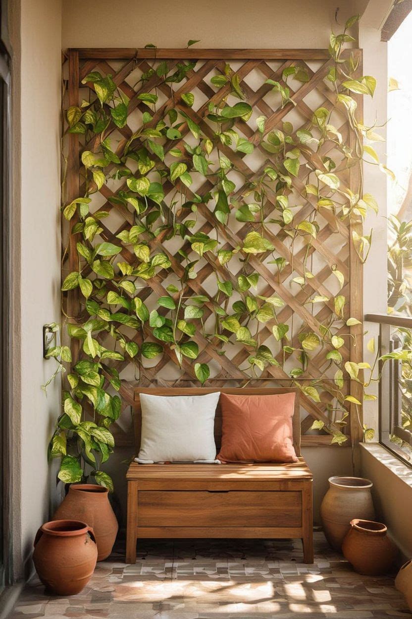 A wooden corner trellis on a balcony with a built-in bench and climbing money plant