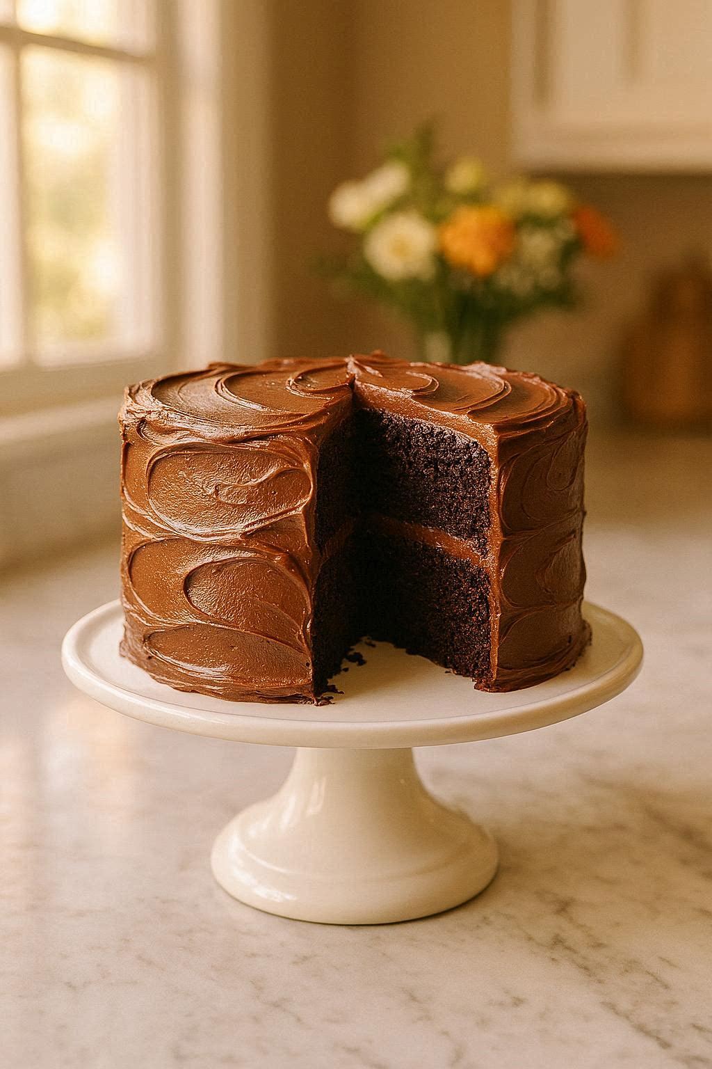 Hero shot of a tall two-layer homemade chocolate cake with glossy chocolate ganache frosting on a white cake stand