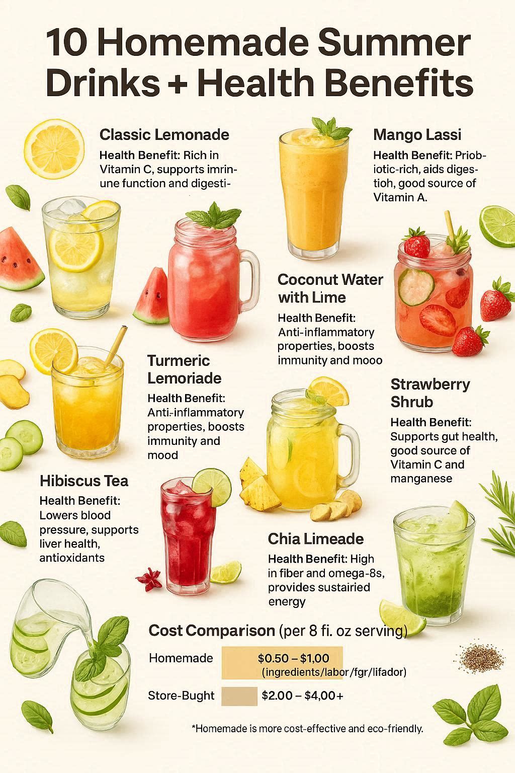 Hero image showing a vibrant flat-lay of colorful homemade summer drinks with fresh fruits and herbs on a wooden table