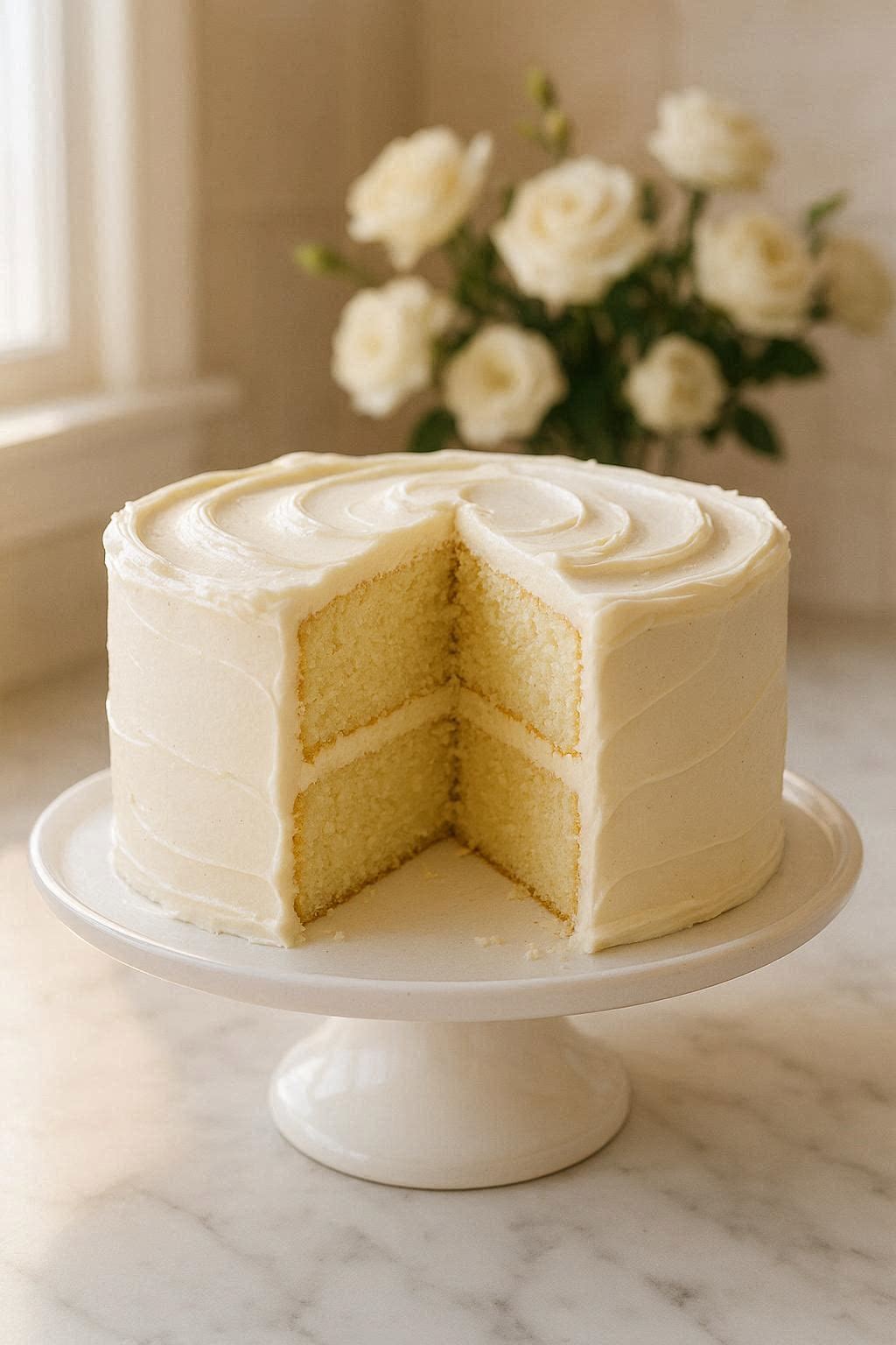 Hero shot of a tall two-layer homemade vanilla cake with white vanilla buttercream frosting on a white cake stand