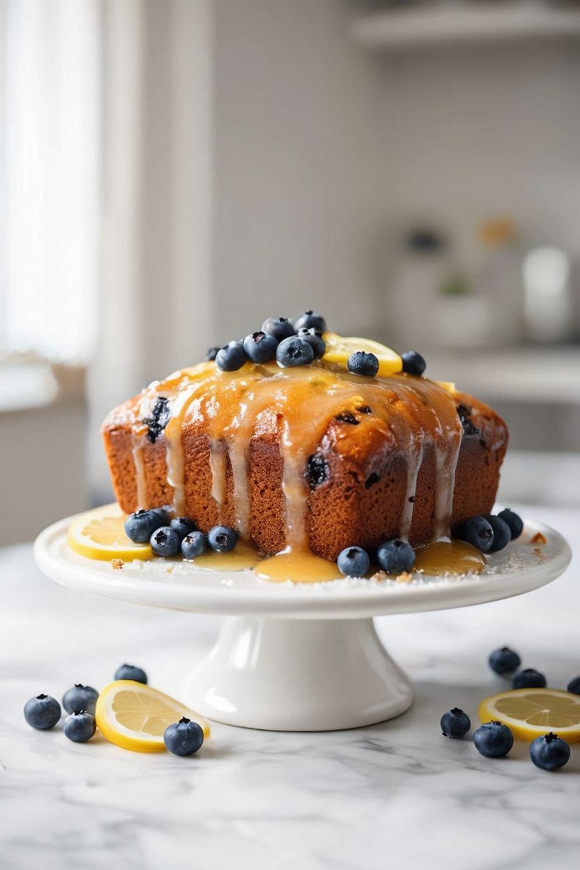 Lemon blueberry pound cake on a white cake stand with lemon glaze dripping down the sides, surrounded by fresh blueberries and lemon slices