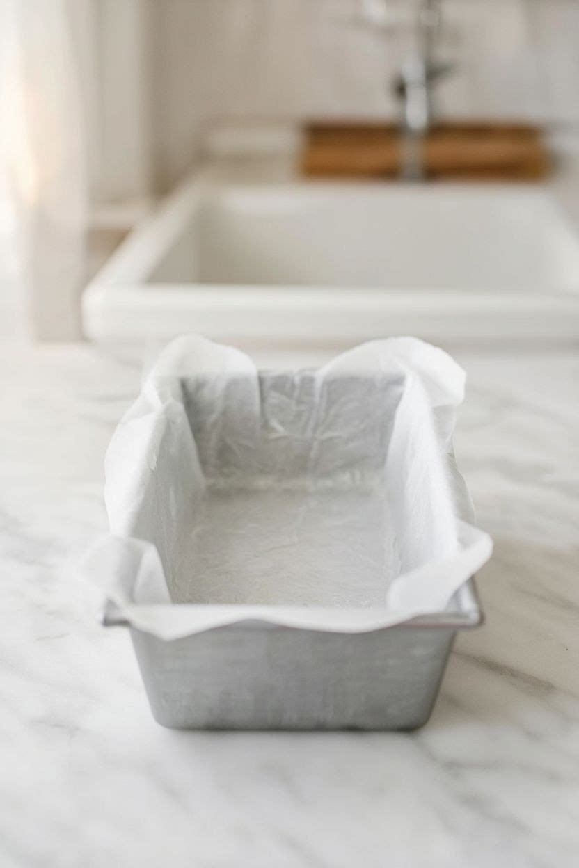 Greased loaf pan lined with parchment paper on a white kitchen counter, ready for cake batter