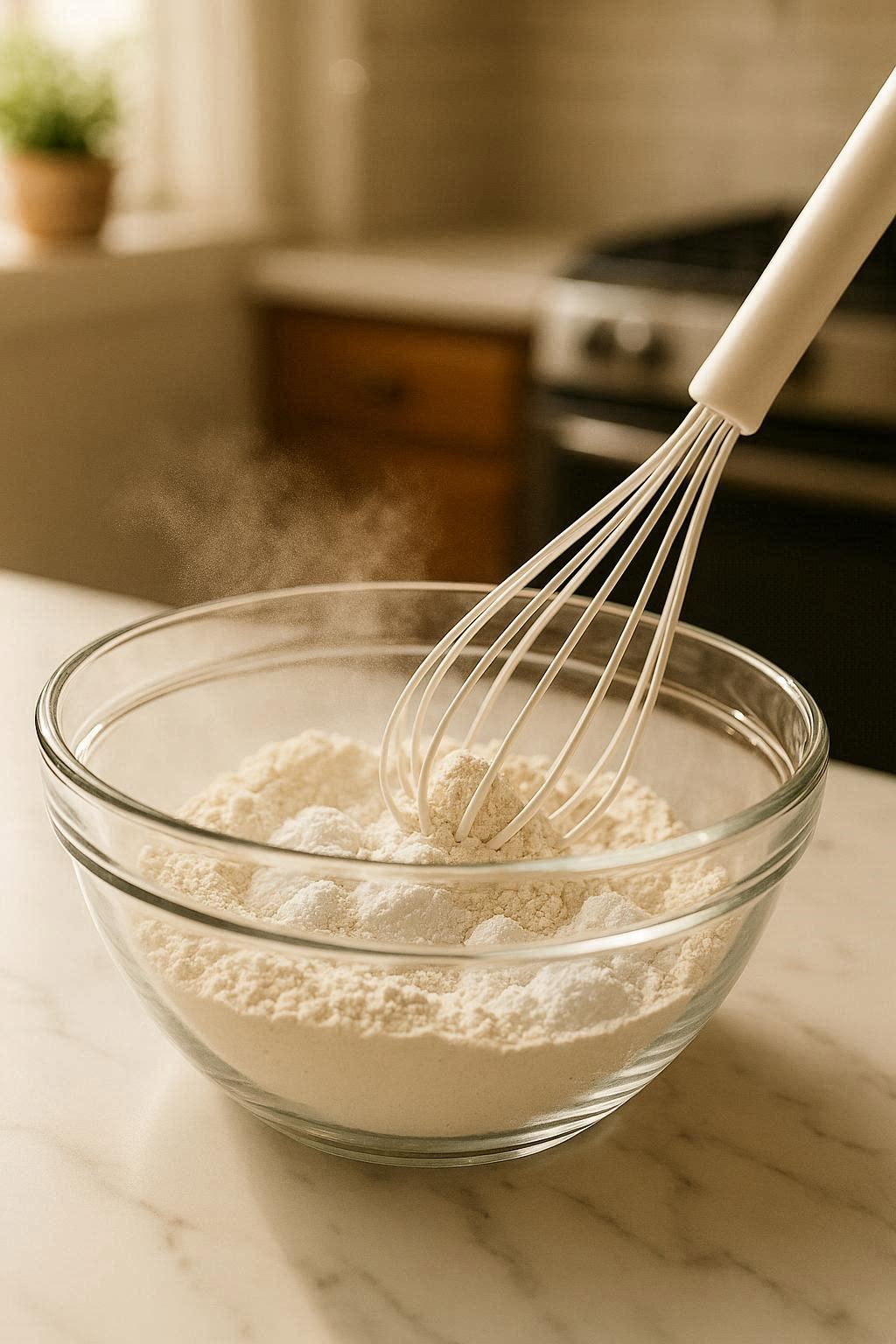Flour, baking powder, and salt being whisked together in a glass mixing bowl on a marble countertop