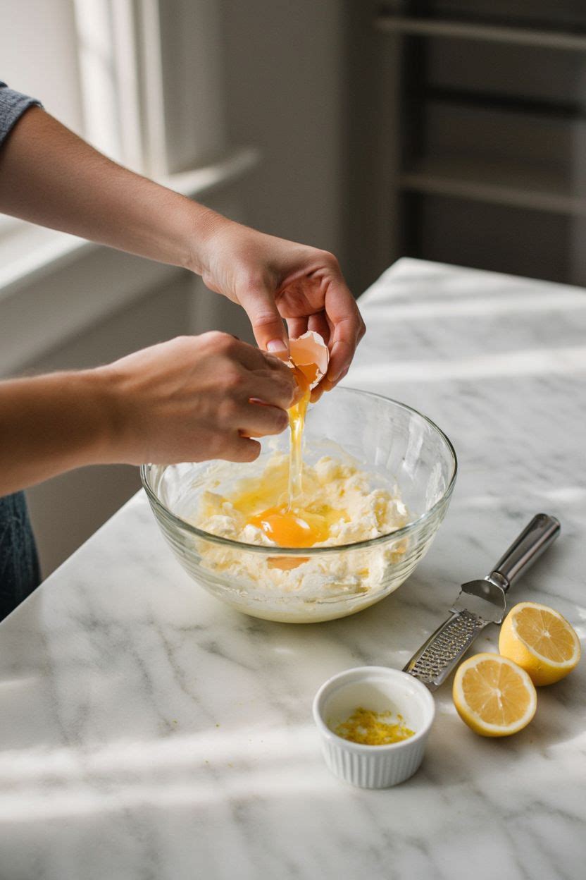 Eggs being added one at a time to the creamed butter mixture with lemon zest and vanilla on the side