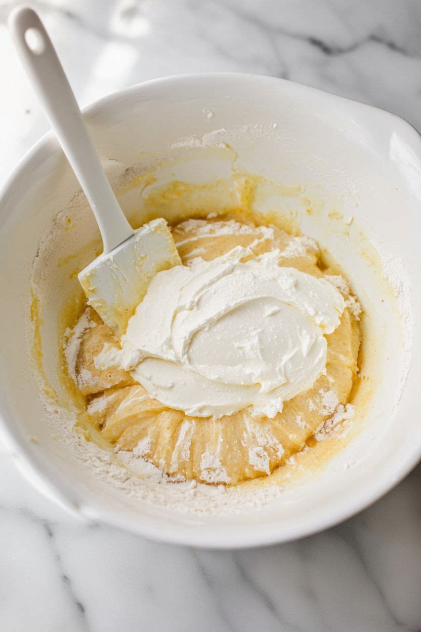 Sour cream being folded into the pound cake batter in a large mixing bowl, alternating with flour mixture