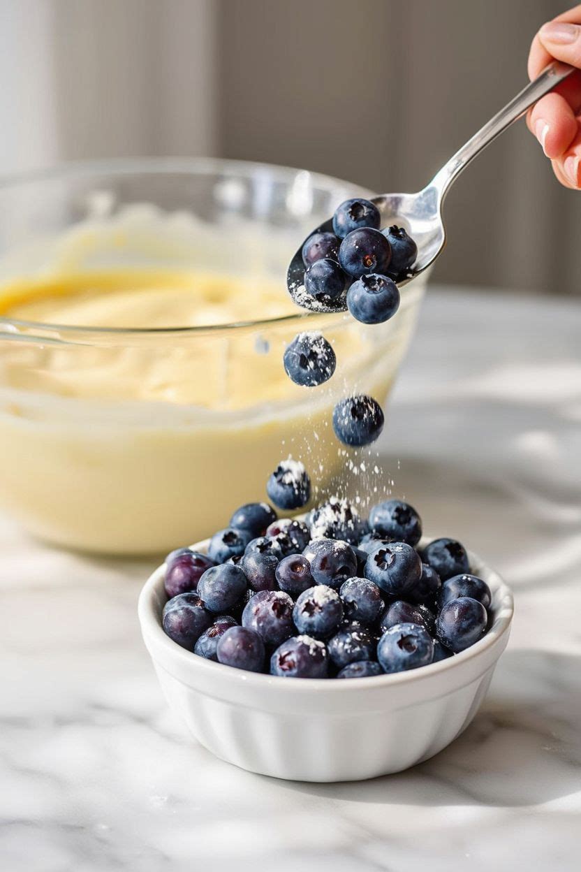 Fresh blueberries tossed in flour in a small bowl next to the pound cake batter