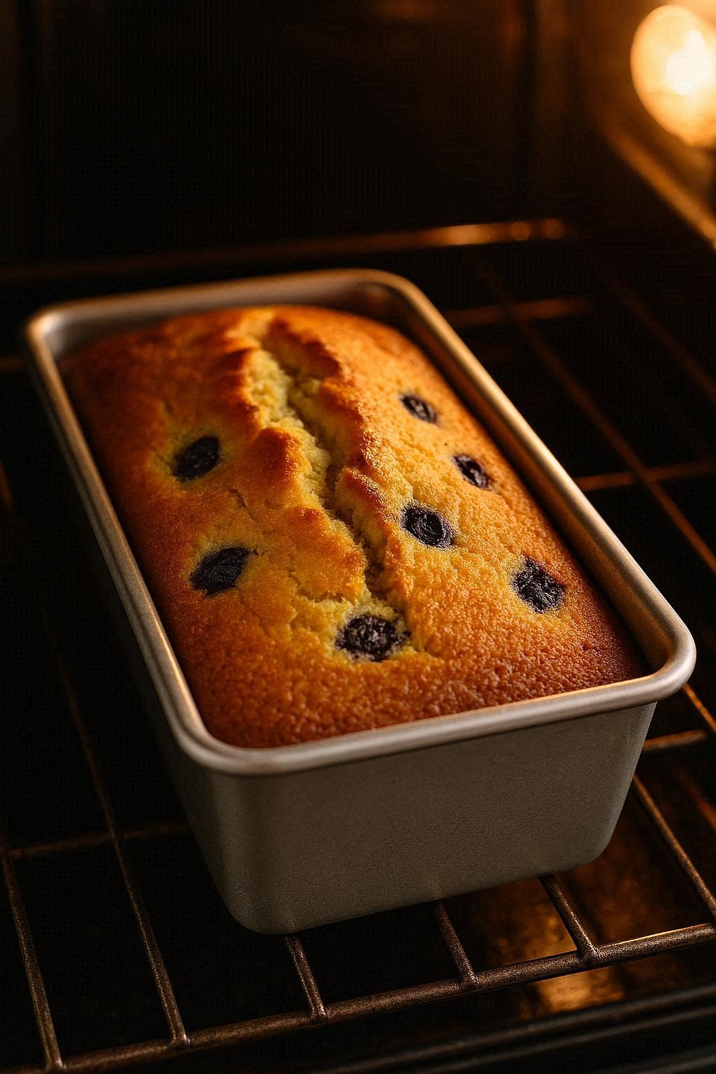 Golden lemon blueberry pound cake baking in a loaf pan in the oven, with a cracked golden-brown top