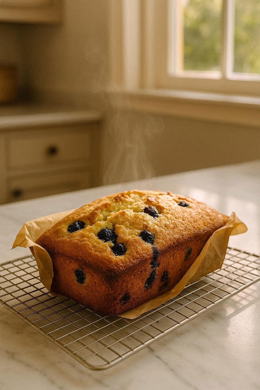 Lemon blueberry pound cake cooling on a wire rack after being removed from the loaf pan