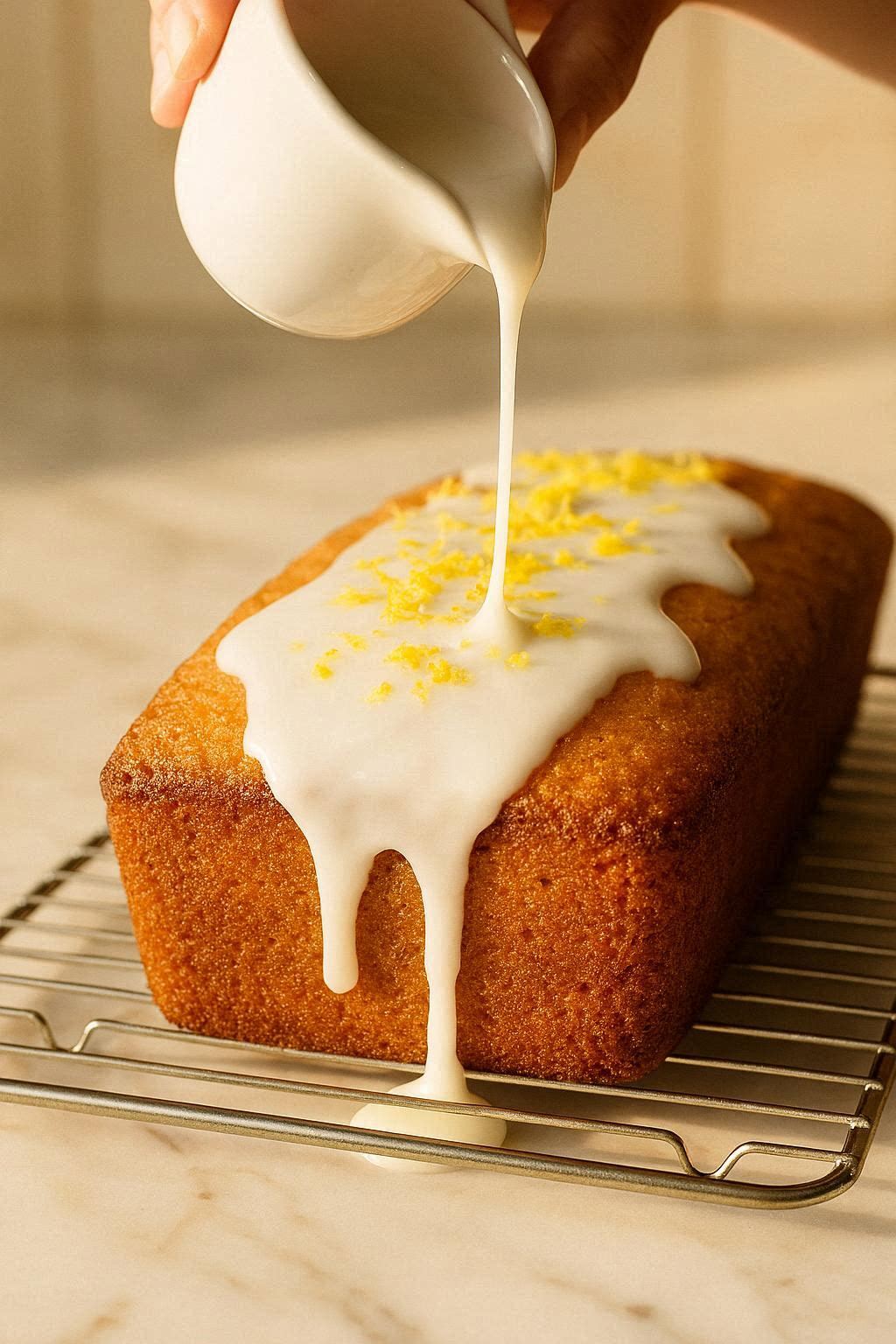 Bright lemon glaze being drizzled over a cooled pound cake on a wire rack, dripping down the sides