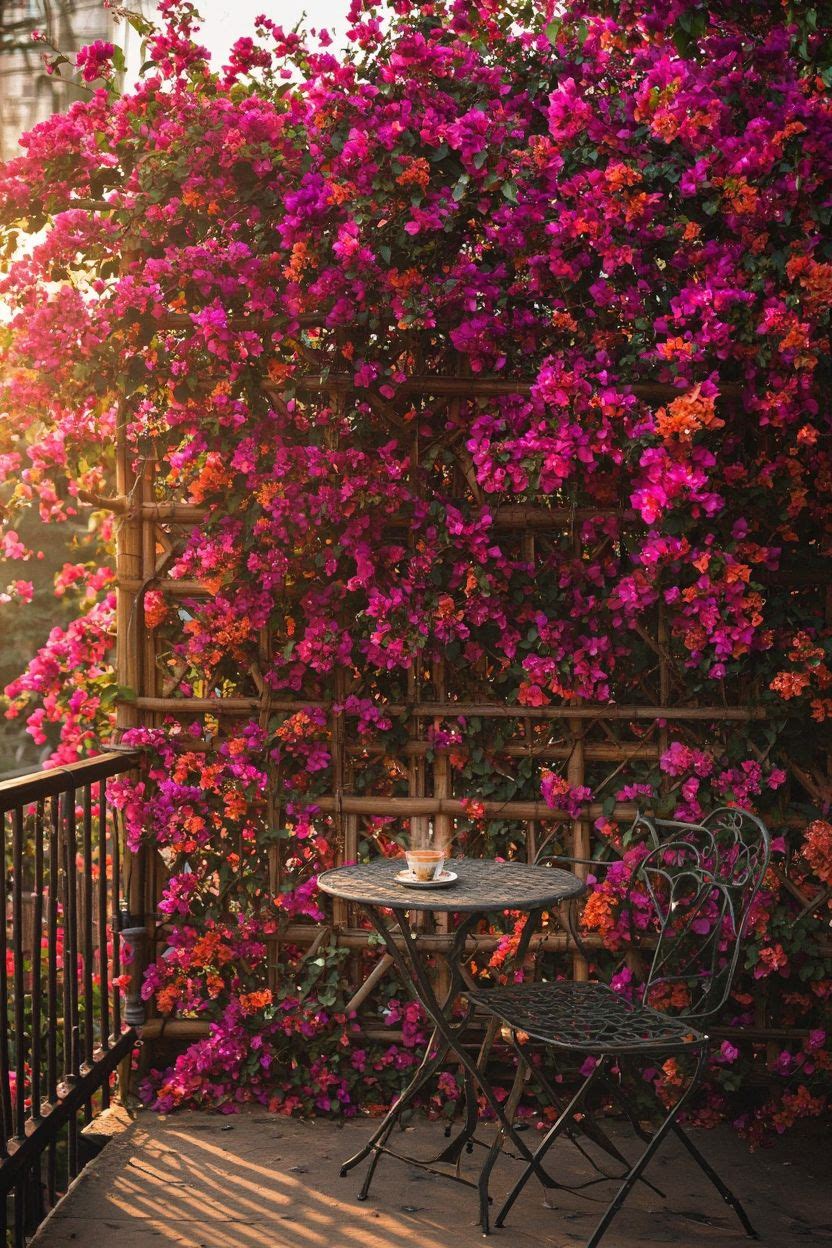 A vertical trellis privacy wall on a balcony with a small bistro table and two chairs