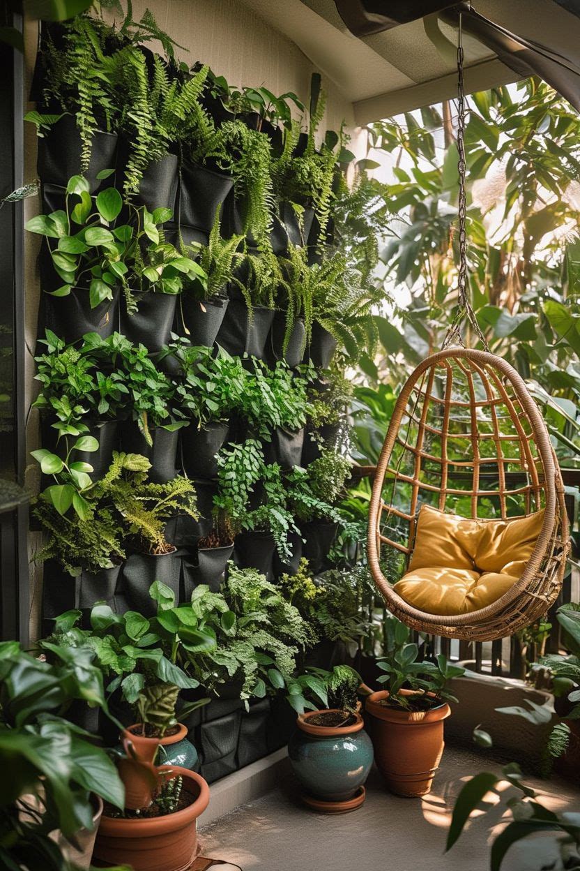 A colourful vertical garden trellis on a balcony with a rattan hanging swing chair