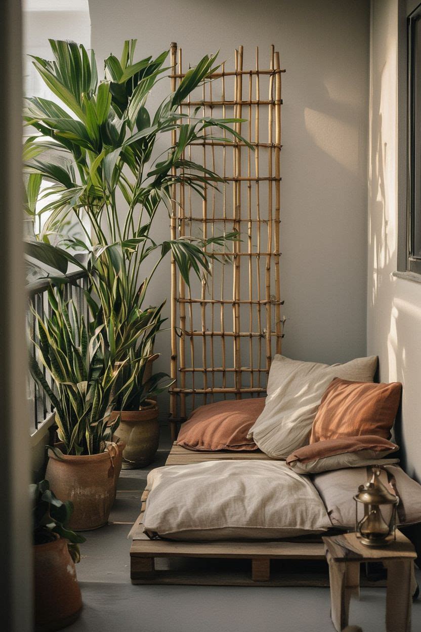 A bamboo trellis divider on a balcony with low floor cushion seating and a Japanese minimalist aesthetic