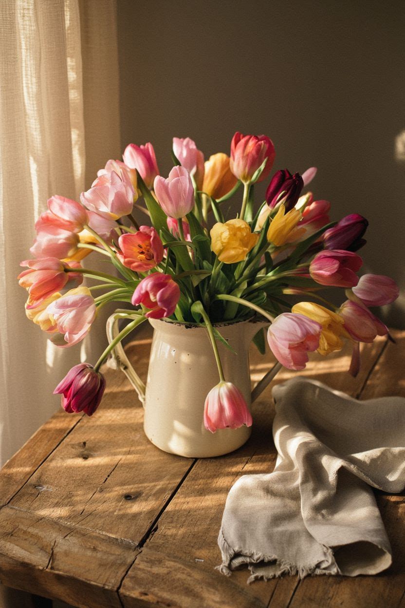 Tulips in a Rustic Pitcher