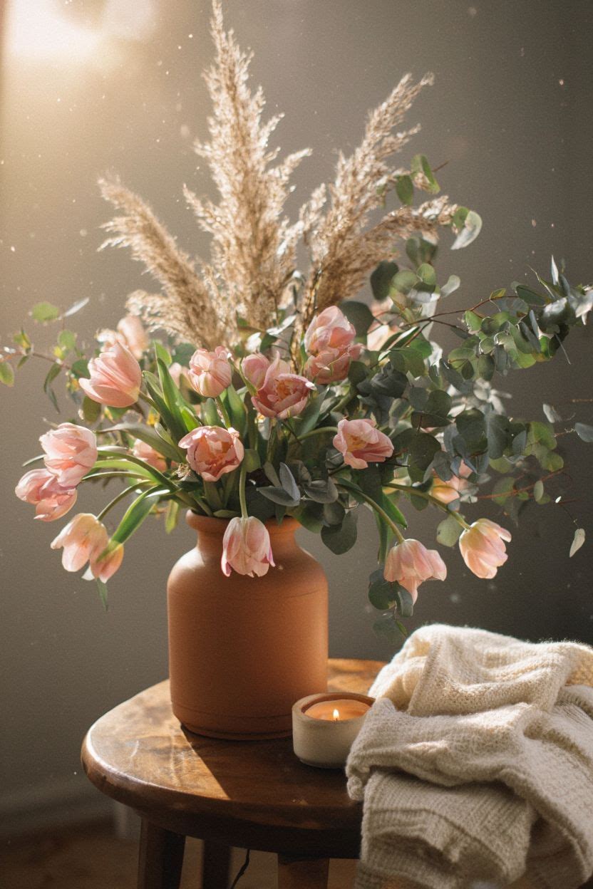 Tulips with Greenery and Dried Accents