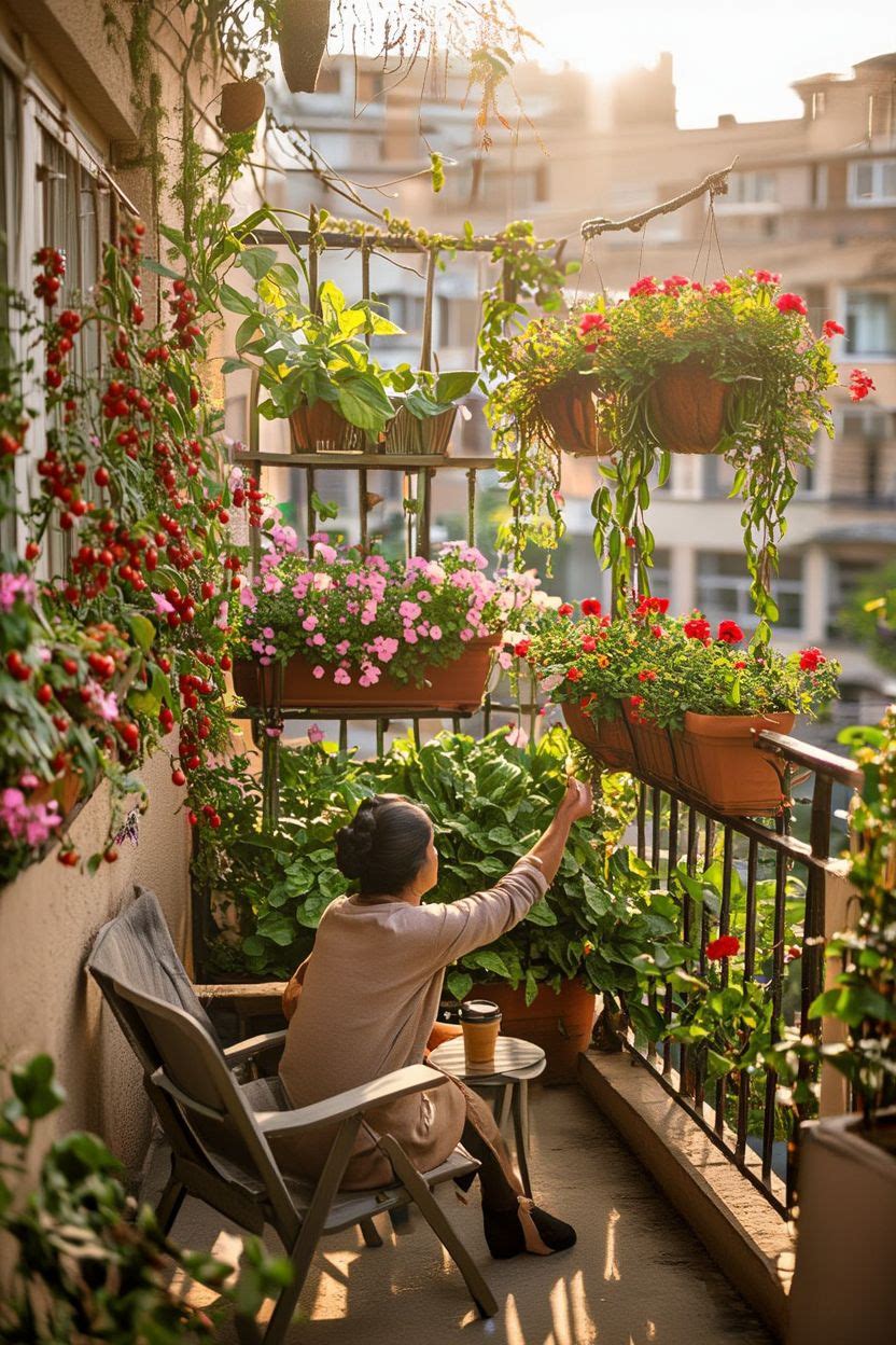 Colorful flower-filled apartment balcony with hanging baskets and container plants