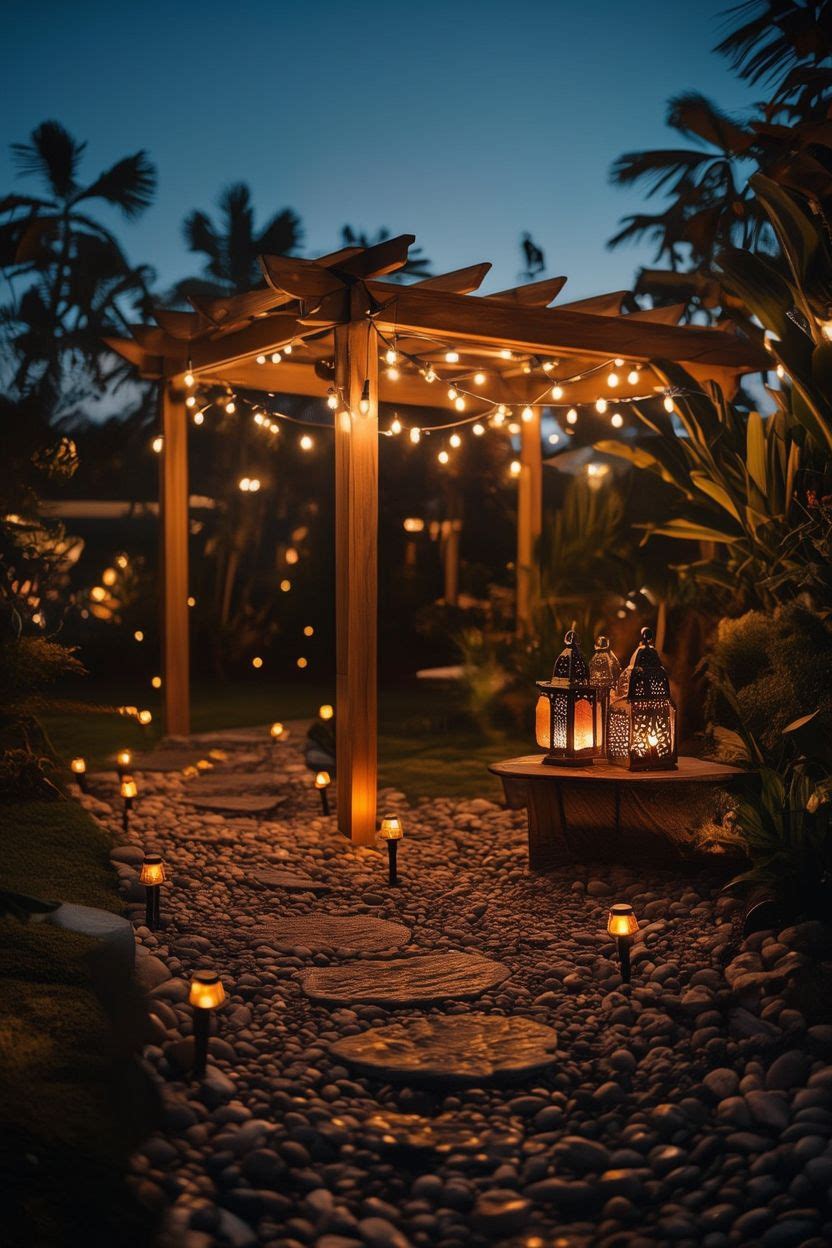 A backyard oasis beautifully lit at dusk with string lights, solar path lights, and warm lanterns creating a magical ambiance