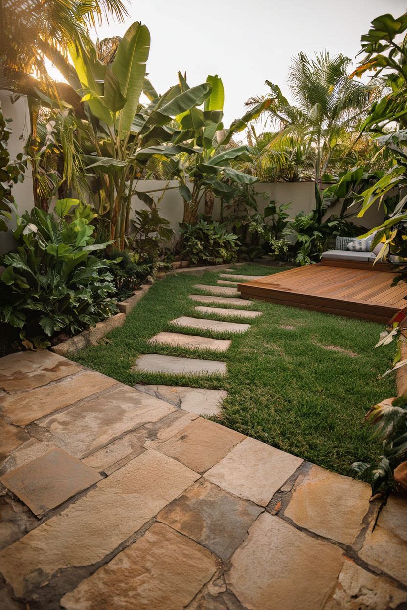 A beautifully designed backyard with natural sandstone paving, stepping stones through grass, and a timber deck corner