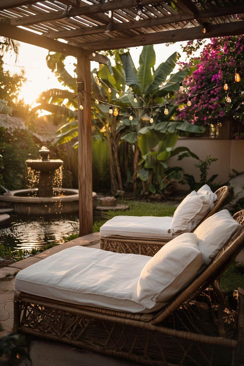 A lush backyard oasis with water feature, comfortable seating, and tropical plants in warm evening light