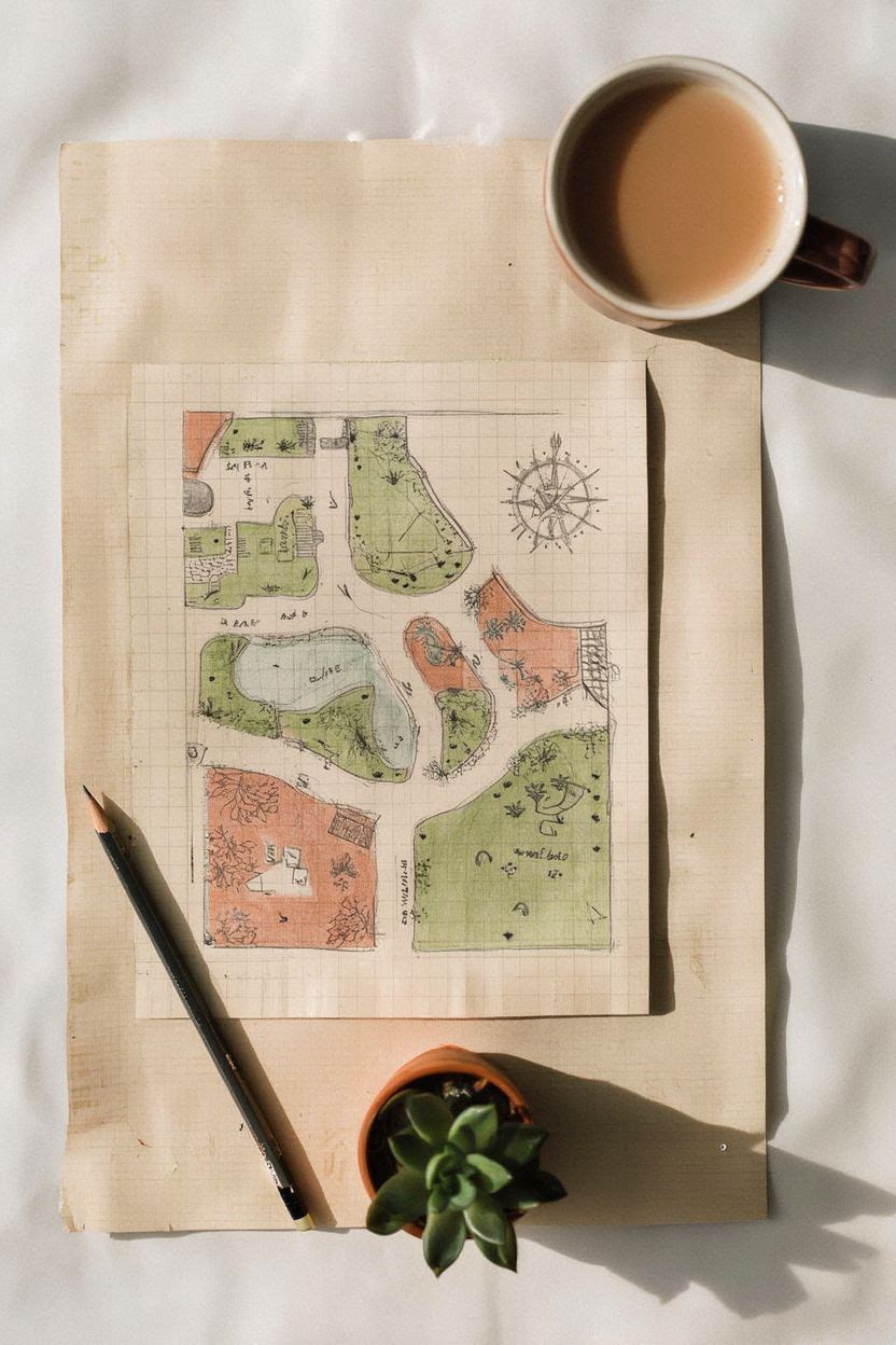 A hand-drawn garden layout plan on graph paper with plant placement markers and seating zone