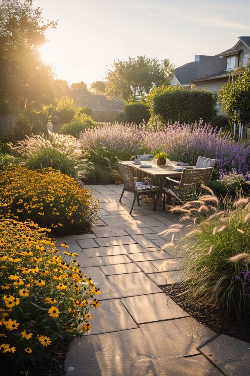 Backyard patio with pavers surrounded by lush planted borders of perennials, ornamental grasses and container plants in a sunny USA backyard