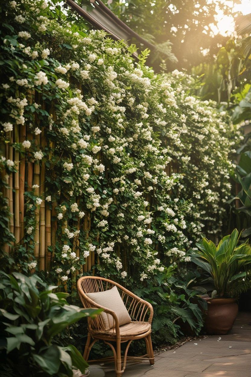 A backyard garden with a natural bamboo privacy screen covered in jasmine, creating a lush green wall