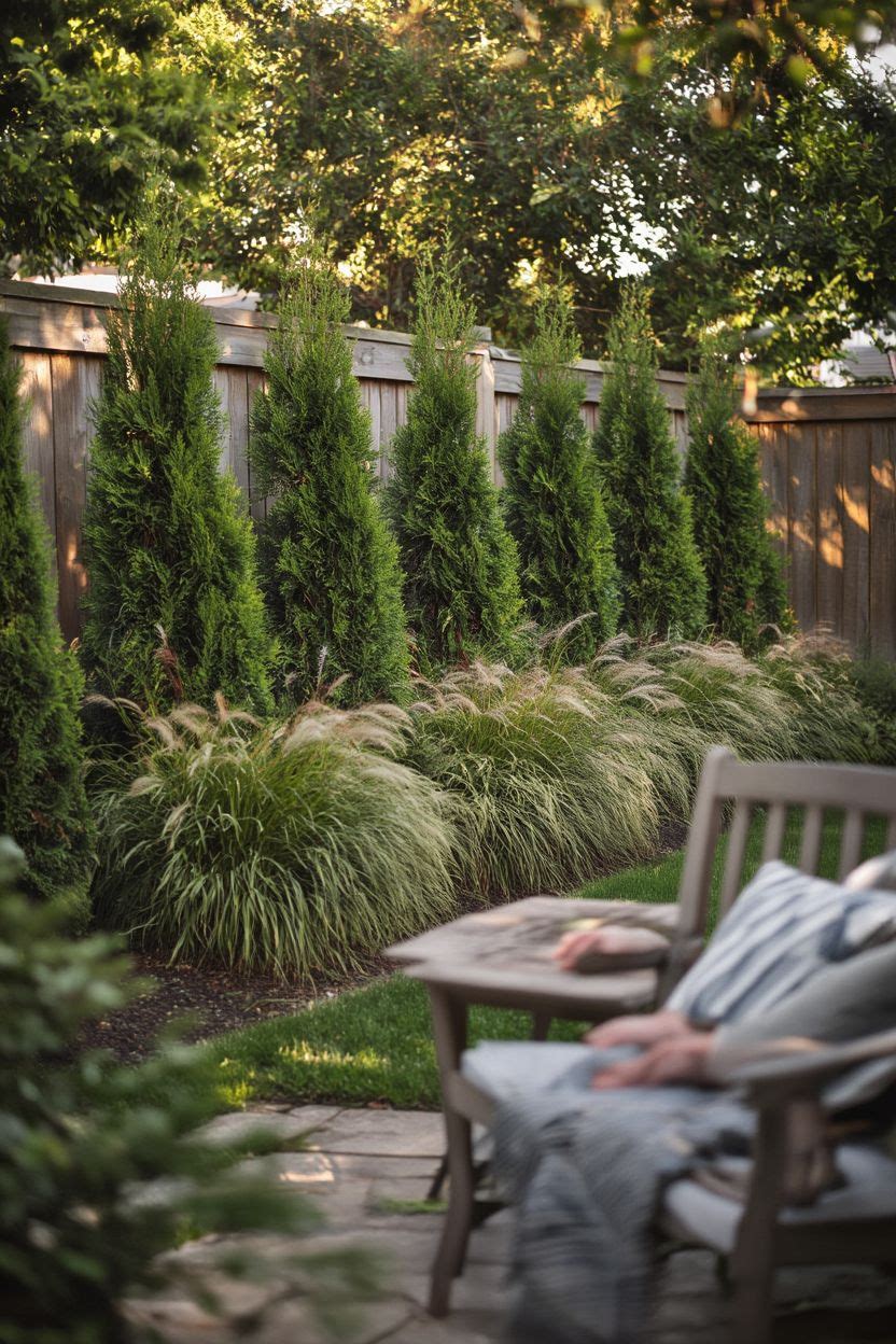 Tall privacy hedge of arborvitae and ornamental grasses creating a natural green screen along the back fence of a suburban backyard