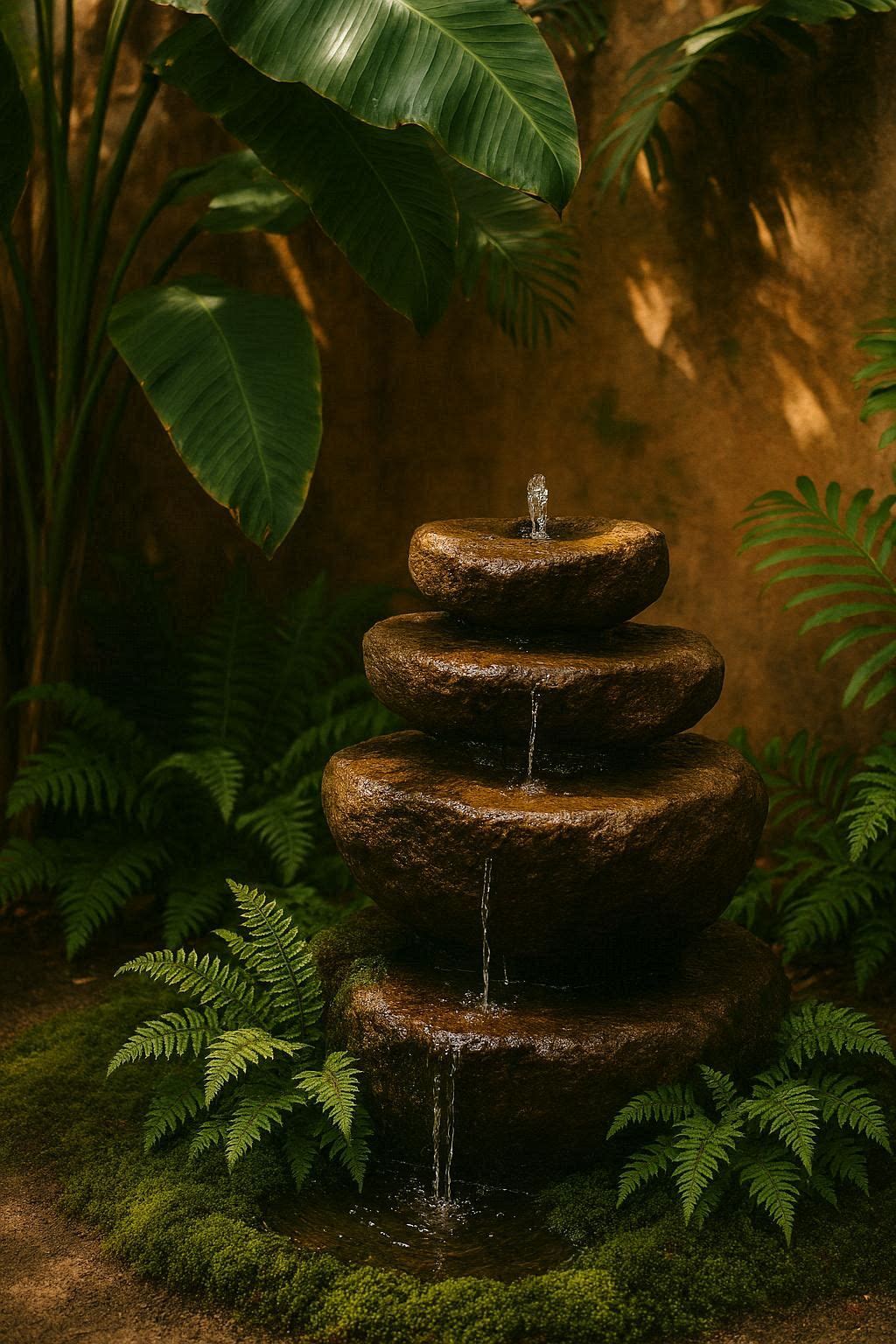 A small stone water fountain surrounded by ferns and moss in a shaded backyard garden corner