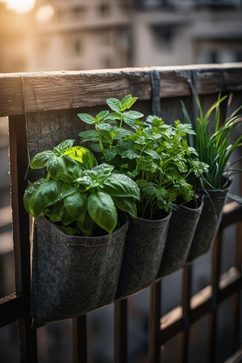 Fresh basil, mint, and parsley growing in fabric wall pockets on a sunny apartment balcony