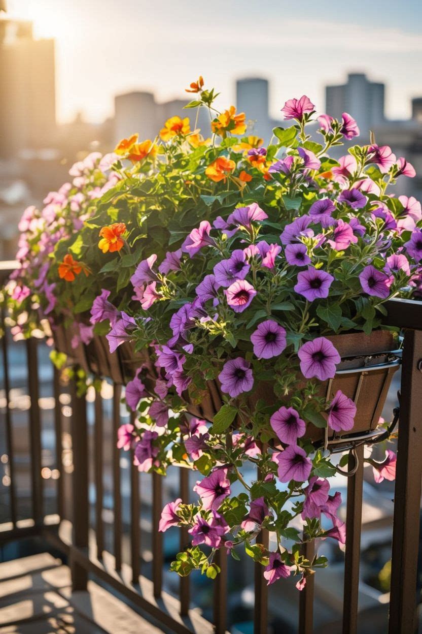 Bright purple petunias and trailing nasturtiums in railing planters on an apartment balcony
