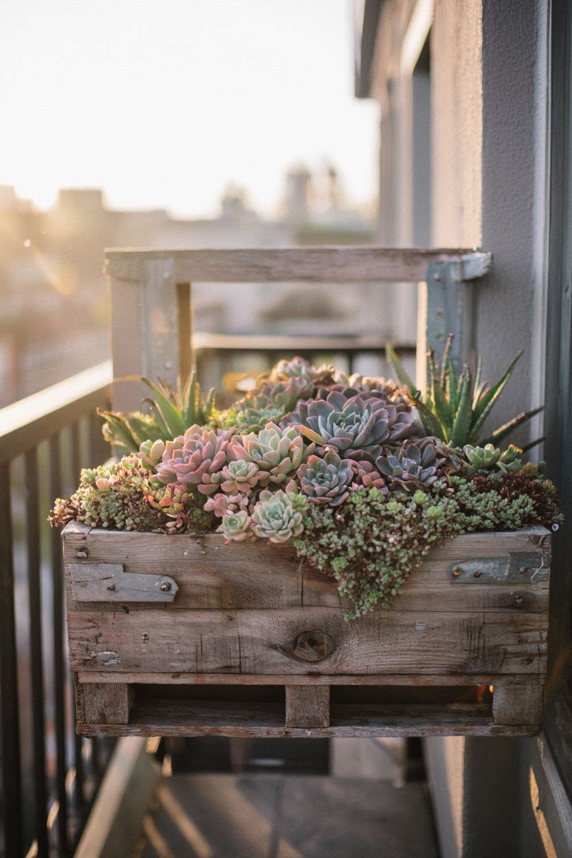 Assorted succulents in a pallet-style wooden vertical planter on a balcony in warm afternoon light