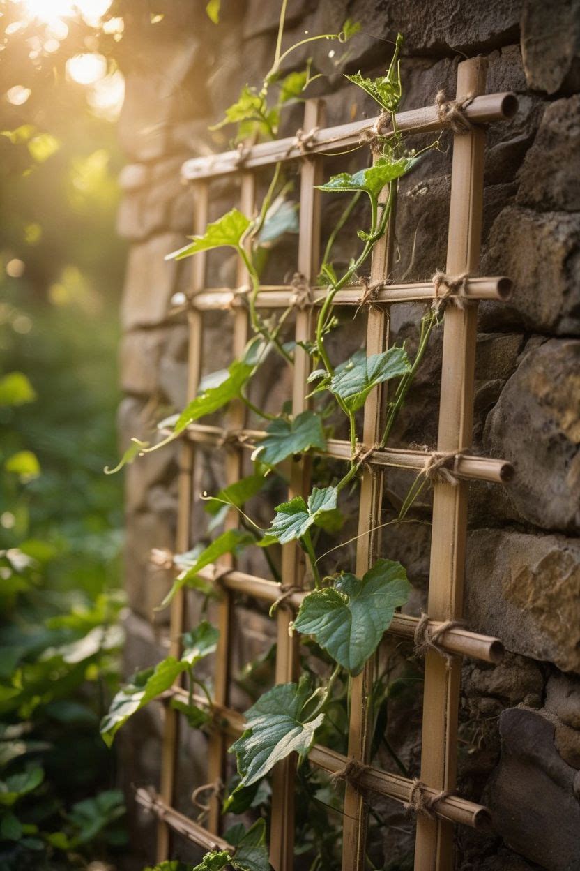 A handmade bamboo grid trellis panel tied with natural twine leaning against a garden wall with vines