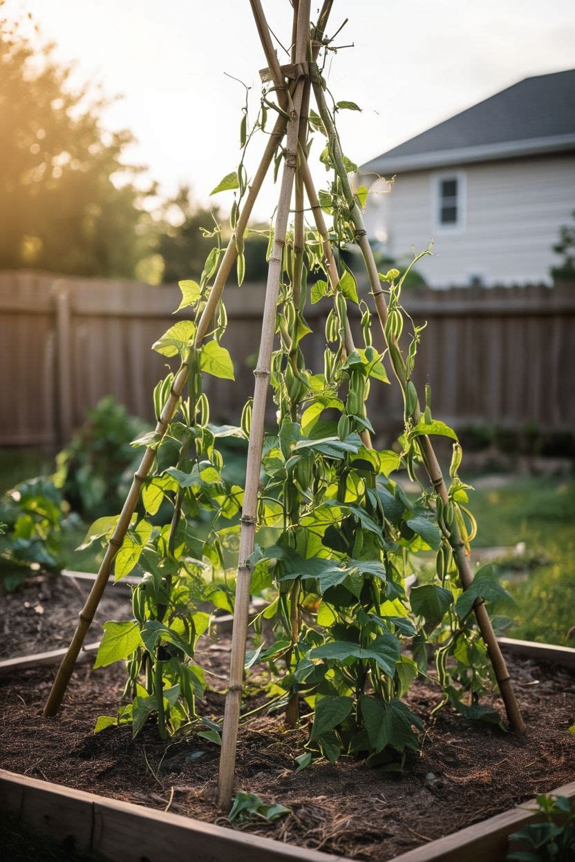 A bamboo teepee trellis with pole beans climbing up the poles in a sunny vegetable garden bed