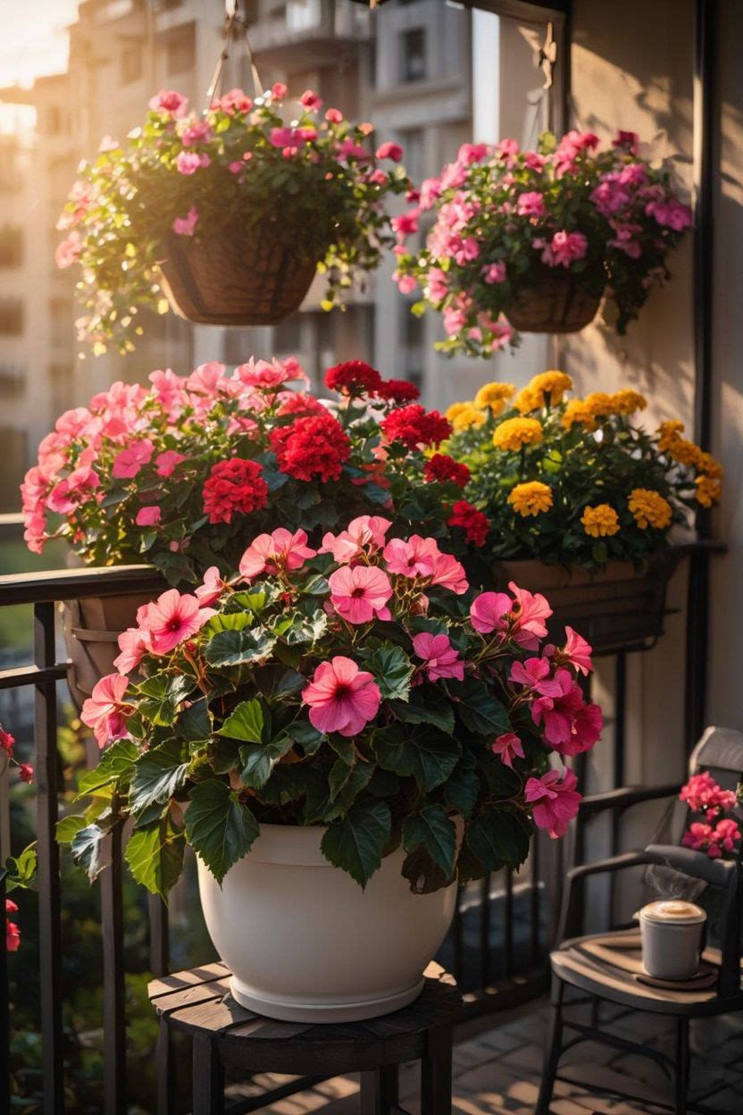 Lush wax begonias with pink flowers and dark green leaves in a balcony container