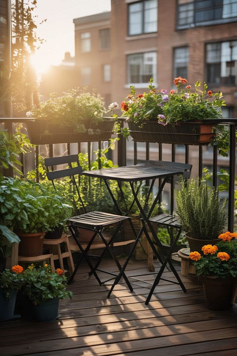 Foldable bistro table and two chairs in a corner surrounded by potted plants on a small apartment balcony
