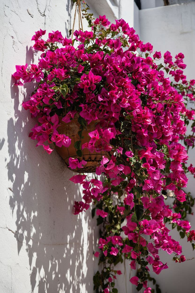 Vibrant magenta bougainvillea in a large hanging basket against a whitewashed Indian wall