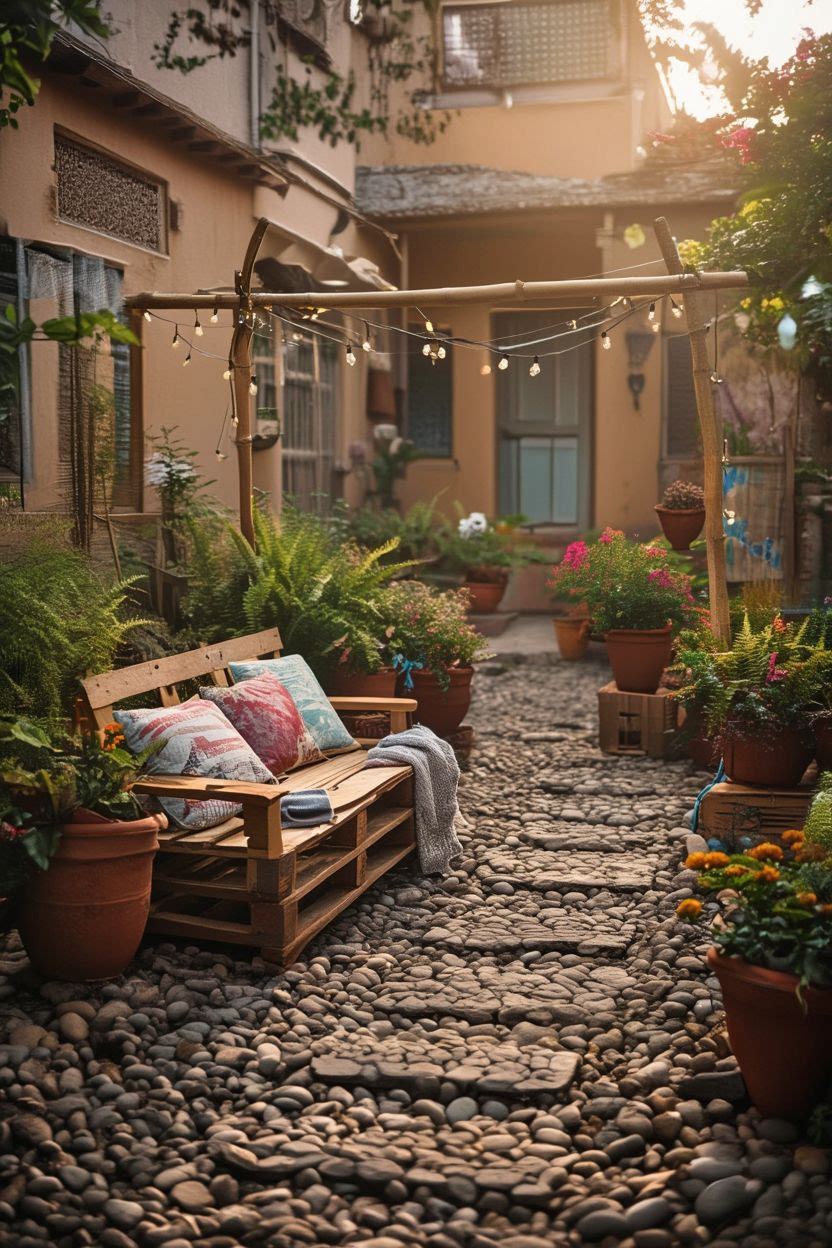 A beautiful yet affordable backyard oasis created with potted plants, DIY pallet furniture, and fairy lights on a small budget
