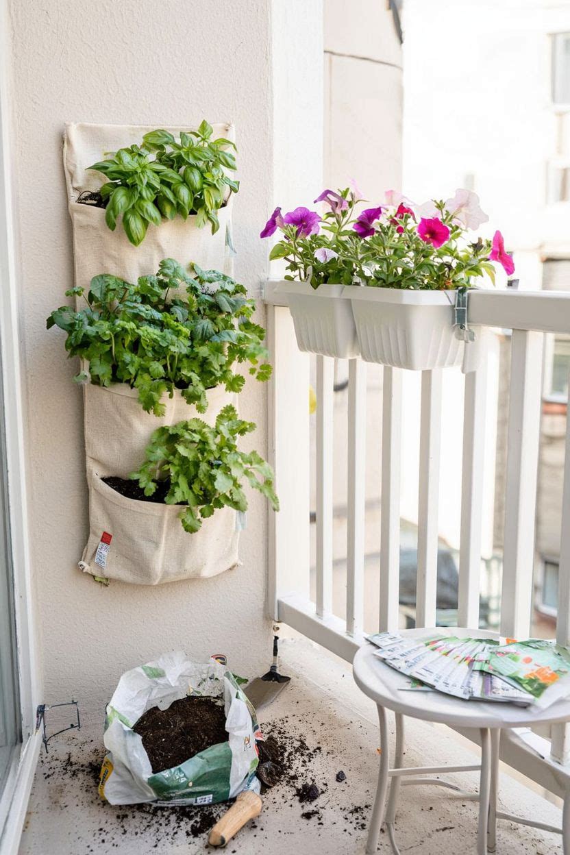 Budget-friendly vertical balcony garden setup with fabric pockets and rail planters in a small apartment