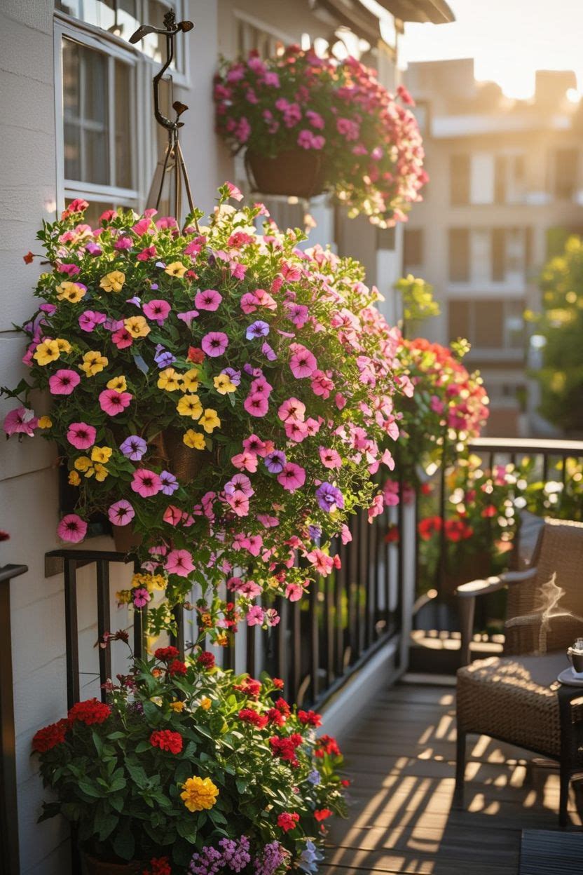 Trailing million bells calibrachoa flowers in a hanging basket on apartment balcony