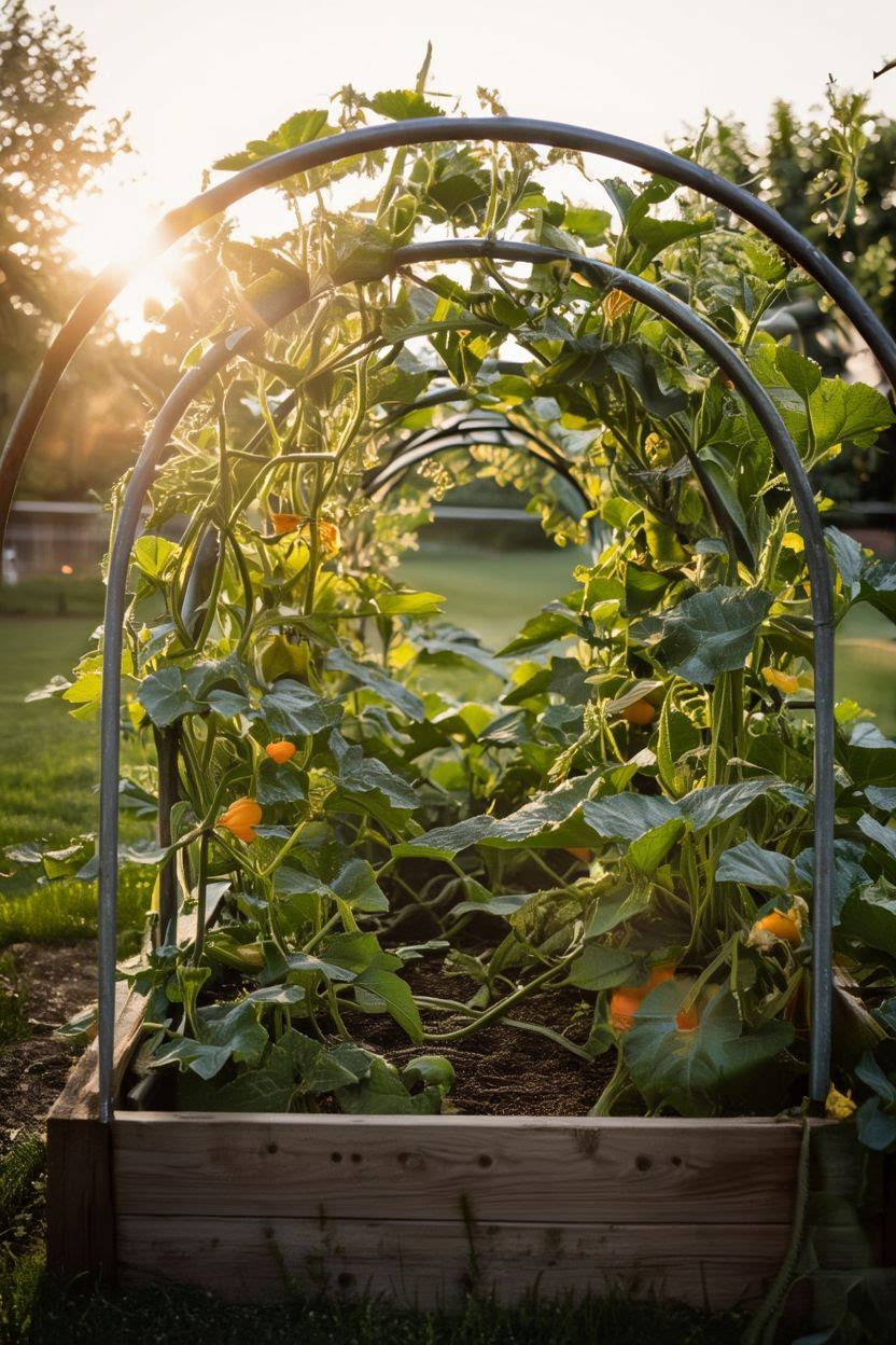 A curved cattle panel garden arch trellis covered with squash and cucumber vines in a raised bed garden