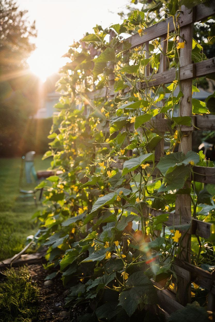 A beautiful garden trellis covered in climbing vines against a sunny backyard fence