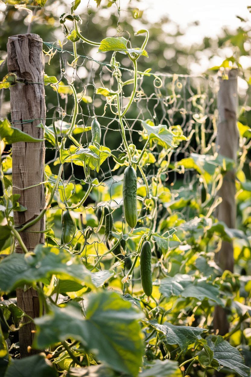 Chicken wire garden trellis stretched between two wooden posts with cucumber vines growing through it