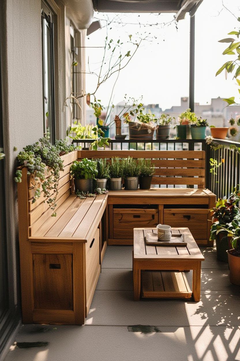 L-shaped corner bench on a balcony with hidden storage and plant pots arranged on and around it