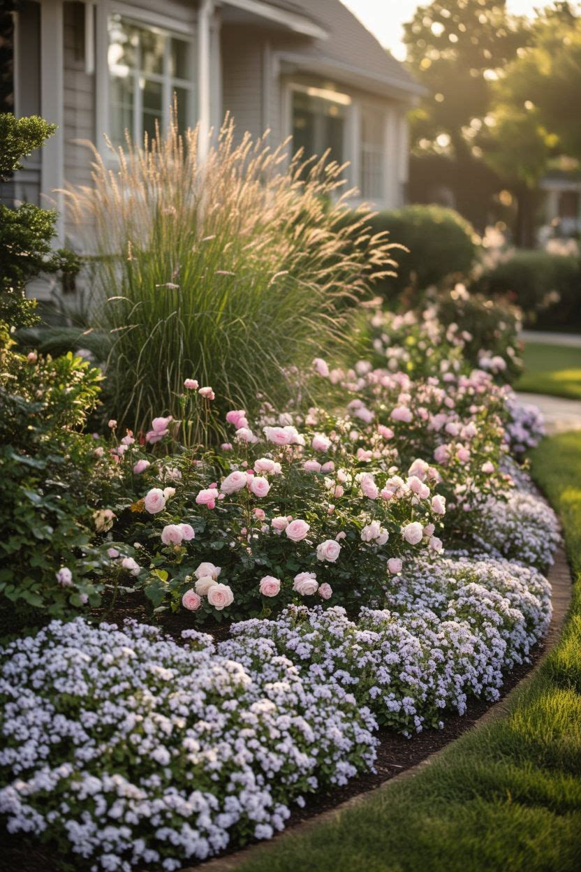Curved garden bed along a home's foundation filled with flowering shrubs, ornamental grasses and colorful perennials