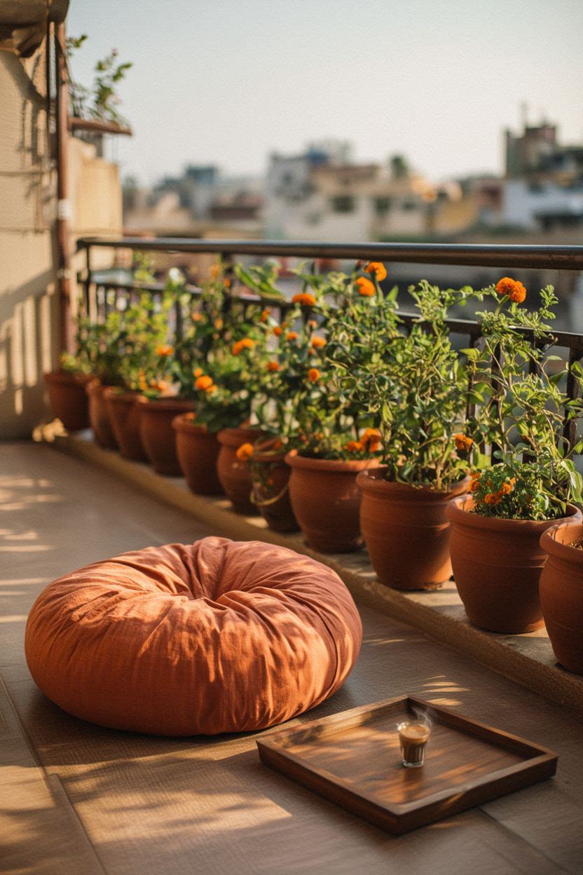 Floor cushion seating on a balcony with a low wooden planter border filled with herbs and flowers