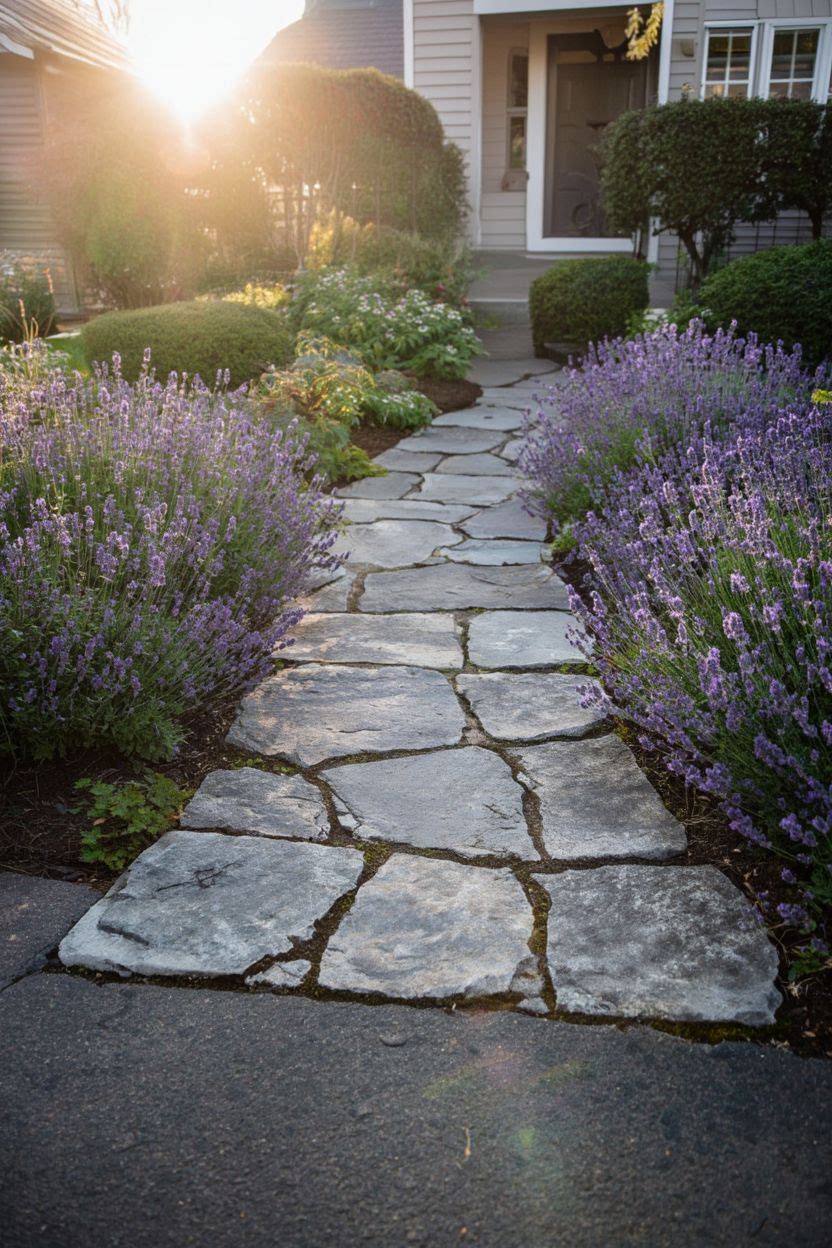 Stone pathway lined with low-growing flowering plants leading from the driveway to a home's front door with lush landscaping on both sides
