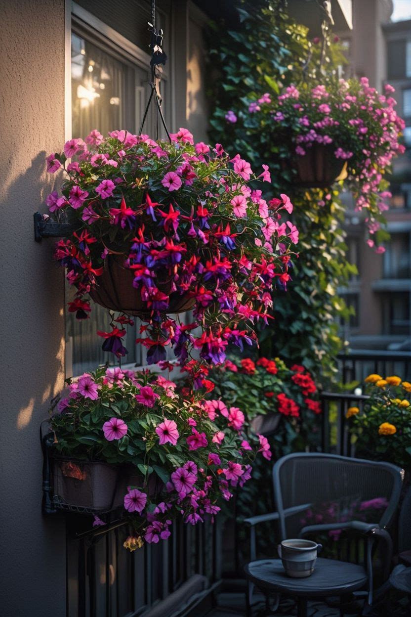 Hanging fuchsia flowers in pink and purple in a balcony hanging basket against a wall
