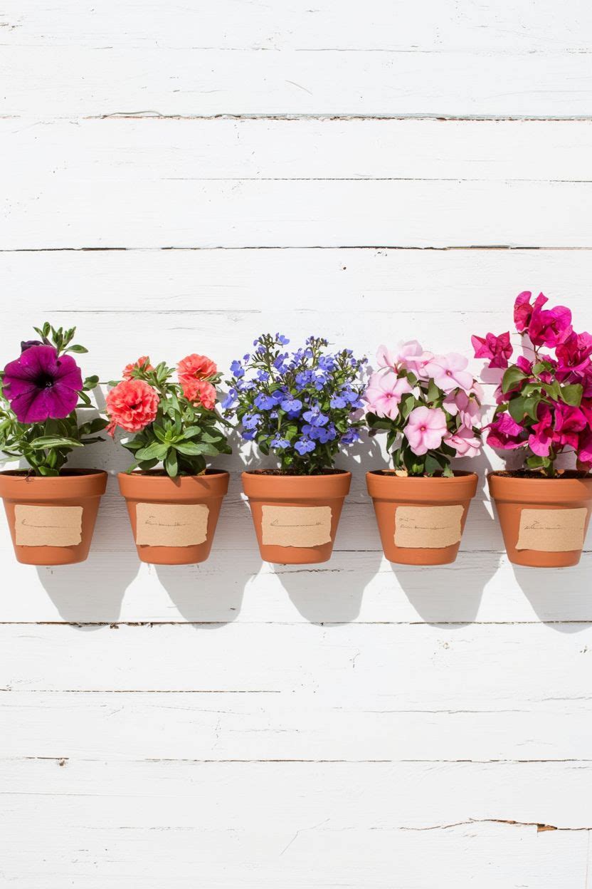Side by side comparison of all 5 hanging basket flowers on a clean white background
