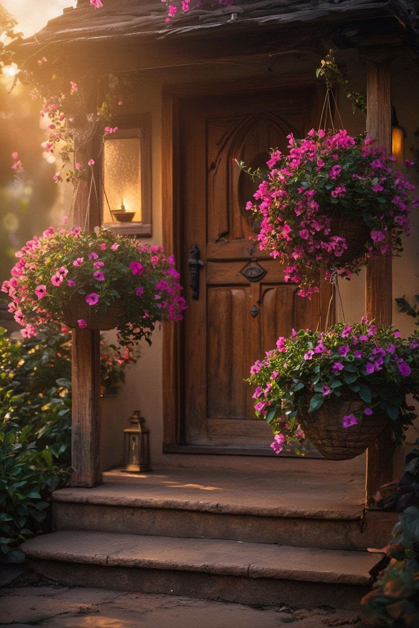 Beautiful hanging baskets at a welcoming Indian home entrance at golden hour